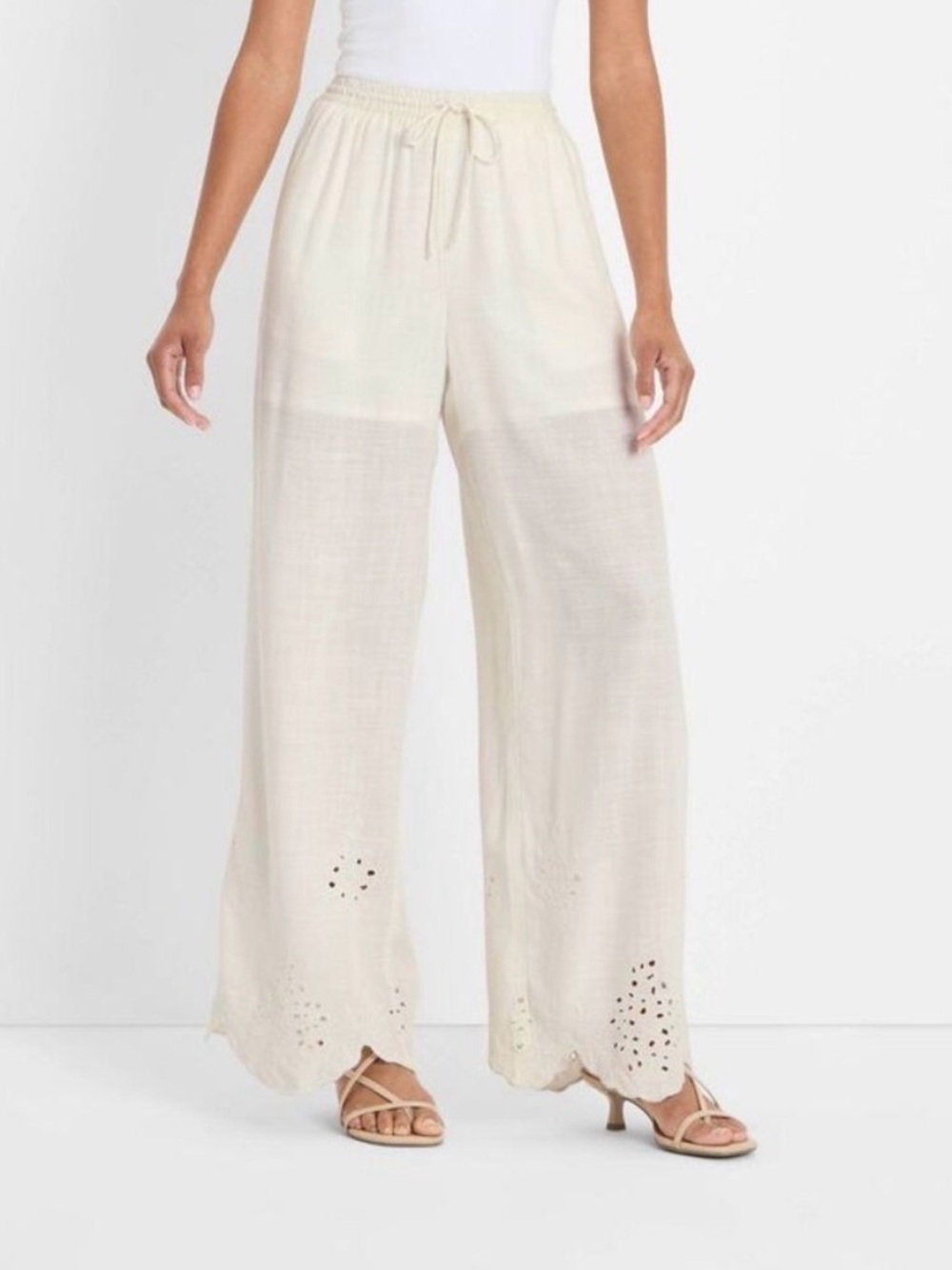 Light Cream Wide-Leg Eyelet pants - Picture 3 of 3